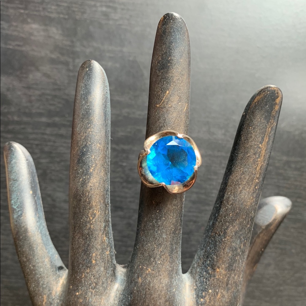Sterling Silver Bold Blue Glass Diamond Cut Ring
